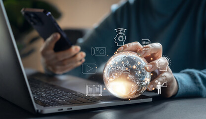 Wall Mural - human hold global technology internet learning and study online class technology network, e-learning