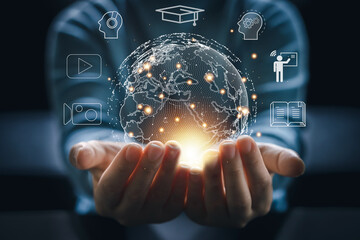 Wall Mural - human hold global technology internet learning and study online class technology network, e-learning