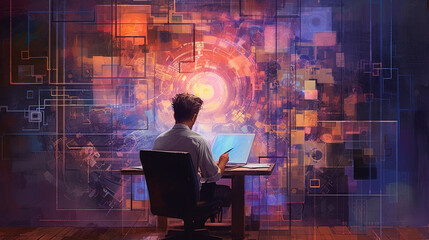 man with laptop on futuristic background. brainstorming concept image in abstract impressionism style. Generative Ai. 