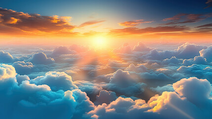 Wall Mural - Beautiful sunset sky above clouds with dramatic light. Generative Ai