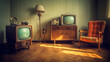 © PRI - Retro living room design with old television, cabinet and radio. Generative Ai
