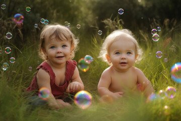 Wall Mural - Two adorable little girls playing with soap bubbles in the green grass. Generative AI