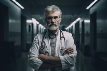 Wall Mural - Portrait of senior doctor with stethoscope in hospital corridor. Generative AI