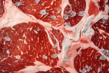 Wall Mural - Macro shot of a marbled beef steak's texture, showcasing the intricate marbling patterns and the grains of salt