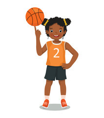 Poster - Cute little African girl with sportswear spinning basketball on his finger posing with hand on his waist