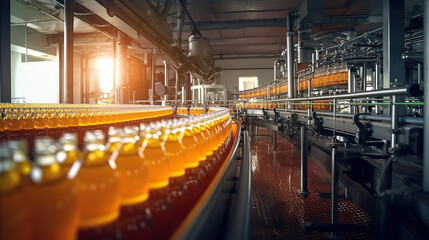 Beverage factory interior. Conveyor with bottles for juice or water. Modern equipments. Generative Ai