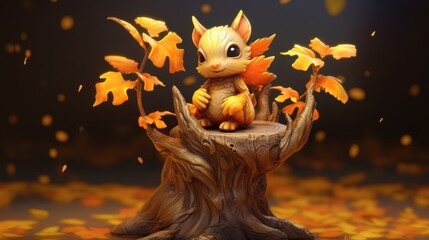 Cute squirrel sitting on a tree in autumn leaves