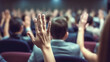 © Limitless Visions - hand raising with blur crowd people.discuss suggestion concepts or voting in  council meeting.cooperation of democracy.generative ai technology