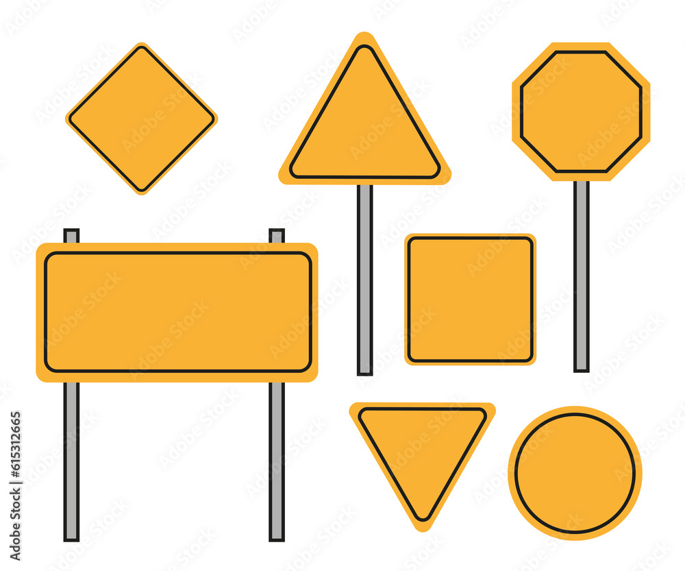 Set of empty road signs, yellow isolated on white background