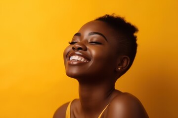 Wall Mural - Beauty portrait of young african american woman on yellow background, Generative AI