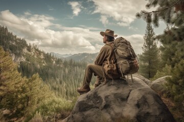 Wall Mural - Hiker sitting on a rock in the mountains and looking into the distance. Generative AI