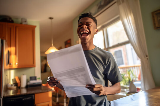 candid capture of a joyful young man holding a college acceptance letter or loan approval, displayin