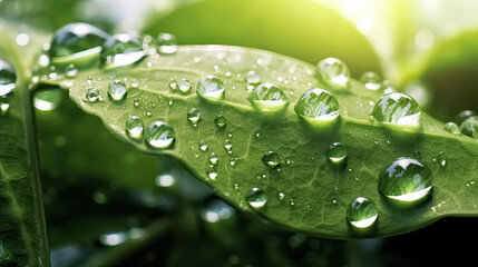 Wall Mural - Beautiful water drops after rain on green leaf in sunlight, macro. Many droplets of morning dew outdoor, beautiful round bokeh, selective focus. Amazing artistic image of purity and fresh of nature