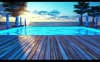 Poster - luxury palm home water swimming pool blue large summer relaxation. Generative AI.