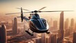© Salsabila Ariadina - luxury private helicopter flying against a metropolitan city or beautiful natural landscape. Show the jetset lifestyle and the comfort of the private transportation