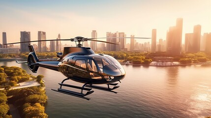 luxury private helicopter flying against a metropolitan city or beautiful natural landscape. Show the jetset lifestyle and the comfort of the private transportation