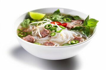 hot traditional food bowl asian noodle white dish background soup broth. generative ai.