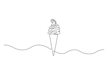 Poster -  Ice cream in waffle cone in one continuous line vector illustration. Premium vector. 