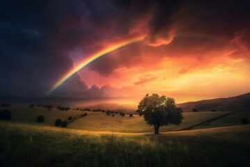  Dramatic rainbow twilight, dramatic cinematic lighting Generative AI 