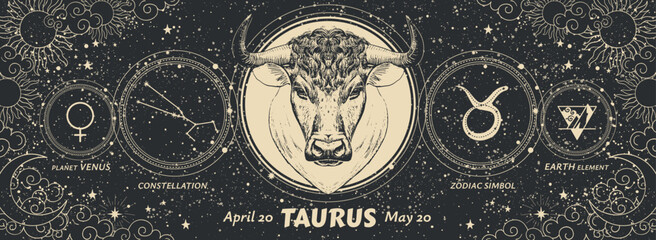 Wall Mural - taurus zodiac sign, vintage astrology graphic banner on mystical starry black background, horoscope.