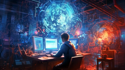 man working on computer. brainstorming concept image in abstract impressionism style. Generative Ai. 