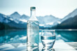 Bottle and glass of pouring crystal water against blurred nature snow mountain landscape background. Organic pure natural water. Healthy refreshing drink. Template. Generative ai