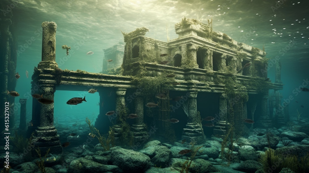 Sunken Memories: An underwater scene with remnants of a submerged city ...