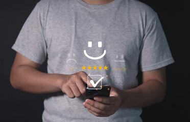 business man showing happy smile good feedback rating positive customer reviews rating satisfaction world mental health day calm mood mental health good mood 5 stars	
