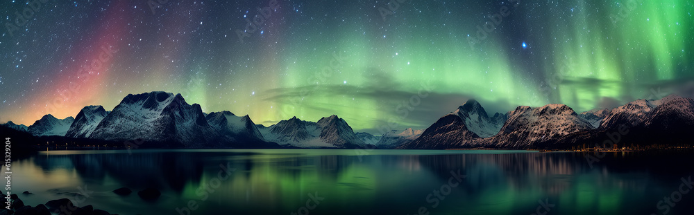 panorama with northern lights in night starry sky with stars over lake ...