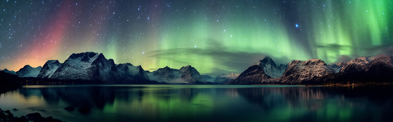Wall Mural - panorama with northern lights in night starry sky with stars over lake and mountains. Generative AI illustration