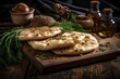 a stack of oriental flatbreads with sesame seeds and dill branches on a wooden table close-up
