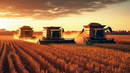 grain harvesters combine harvesters harvest wheat grain from field in summer at sunset in rural areas. Generative AI