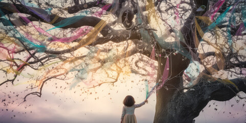  Enchanting whimsical tree adorned with twinkling fairy lights, vibrant ribbons & paper birds, set against a soft pastel sky – emanating dreamy childlike wonder. Generative AI