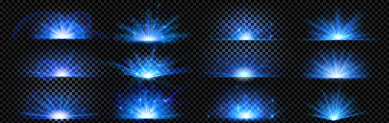 Wall Mural - Blue explode glow shine and light ray burst vector effect set isolated on transparent background. Magic color flare sparkle energy explosion and shine glitter. Sunlight beam and starlight powder