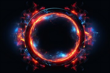 Wall Mural - 3d circle frame with red and blue fire trails with particles on black background generative ai