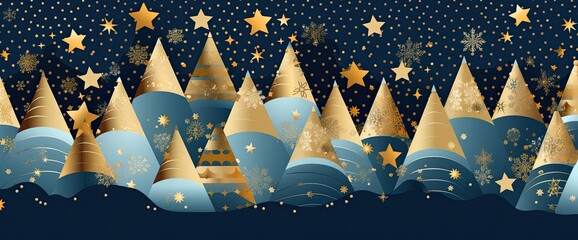 Wall Mural - christmas scene with stars, in the style of dark indigo and light gold, light pink and light aquamar