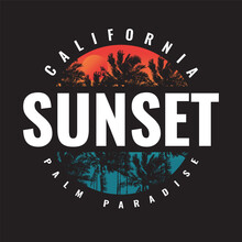Retro Vintage California Sunset Logo Badges On Black Background Graphics For T-shirts And Other Print Production. Summer Beach Concept. Vector Illustration For Design.