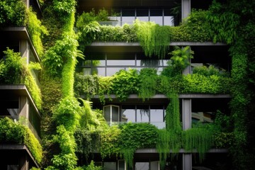 Green facade, vertical garden in architecture. Ecological building. Generative AI