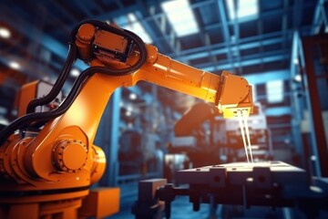 Fototapete - Industrial machine automatic robotic arm, industrial manufacturing process. Generative AI