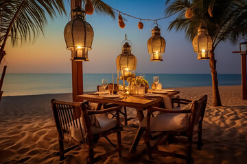 Sticker - Luxury romantic candlelight dinner table setup for couple in ocean view restaurant on Valentine's day with Champaign & wine glasses and beautiful food decoration,Generative AI