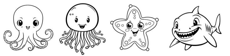 Wall Mural - Sea animals - cute Octopus, Jellyfish, Starfish and Shark, simple thick lines kids or children cartoon coloring book pages. Clean drawing can be vectorized to illustration. Generative AI
