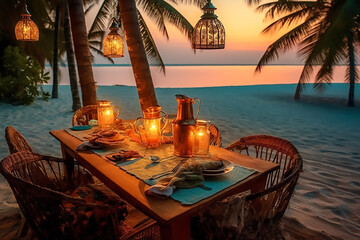 Sticker - Luxury romantic candlelight dinner table setup for couple in ocean view restaurant on Valentine's day with Champaign & wine glasses and beautiful food decoration,Generative AI