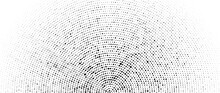 Halftone Concentric Dot Lines Background. Spotted And Dotted Half Circles Gradient. Radial Fading Comic Texture. Black And White Rough Gritty Wallpaper. Grunge Monochrome Pop Art Backdrop. Vector