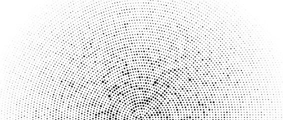 Halftone concentric dot lines background. Spotted and dotted half circles gradient. Radial fading comic texture. Black and white rough gritty wallpaper. Grunge monochrome pop art backdrop. Vector