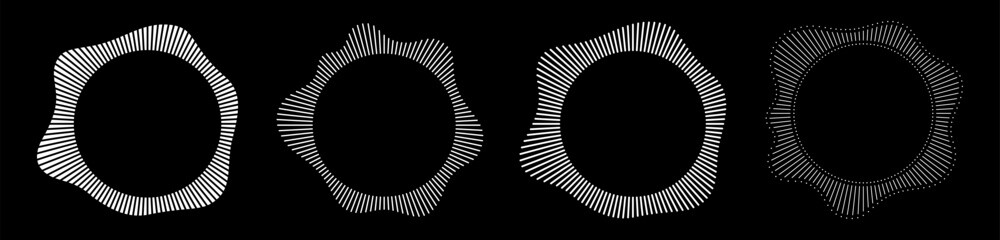 Set of white rings of short thin rays with wavy silhouettes isolated on black background. Circular frames. Radial black concentric particles. Sound waves. Infographic elements. Vector illustration.