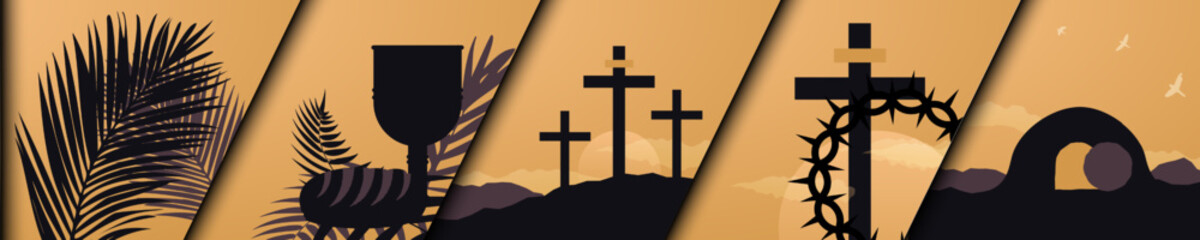 Wall Mural - Religious symbols header on sunset background. Palms, chalice and bread, three crosses on mountains, cross with crown of thorns, open tomb.