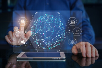 Big data analytics visualization technology with data scientist analyzing information on virtual screen with machine learning and AI. Data science, business analytics, finance, internet of things.