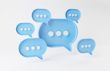 Wall Mural - Minimalist blue speech bubbles talk icons floating over white background. Modern conversation or social media messages with shadow. 3D rendering