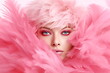 Close up fashion studio photo of an elegant woman in pink feathers