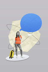 Poster - Image sketch collage picture of happy girl hold valise speaking phone reserving tickets taxi hotel isolated on grey color background